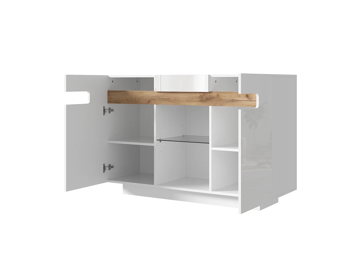 2-door sideboard with glass shelf and LED lighting – 120 x 40 x 80 cm – Particleboard – White and natural wood effect