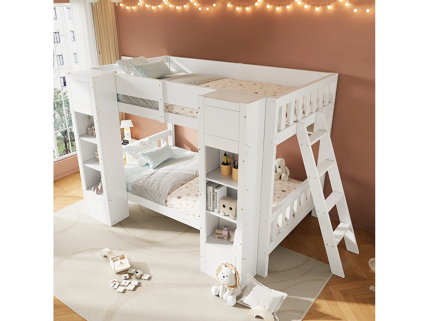 Bunk bed 2 x 90 x 200 cm with 2 storage cupboards, hanging shelf – Pine, plywood, MDF – White (Mattress not included)