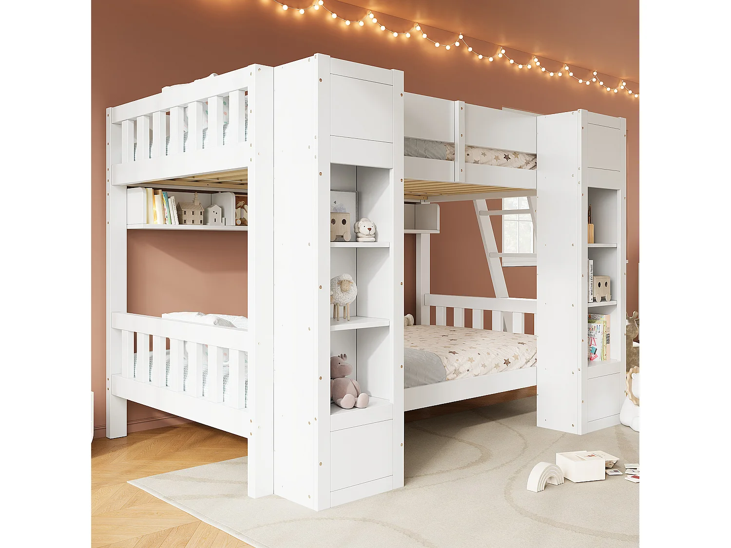 Bunk bed 2 x 90 x 200 cm with 2 storage cupboards, hanging shelf – Pine, plywood, MDF – White (Mattress not included)