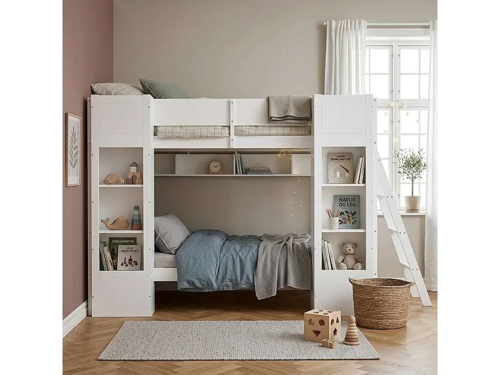 Bunk bed 2 x 90 x 200 cm with 2 storage cupboards, hanging shelf – Pine, plywood, MDF – White (Mattress not included)