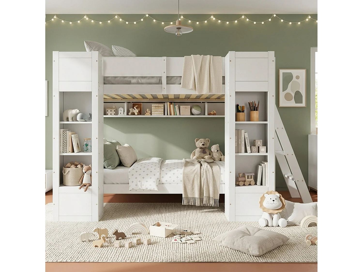 Bunk bed 2 x 90 x 200 cm with 2 storage cupboards, hanging shelf – Pine, plywood, MDF – White (Mattress not included)