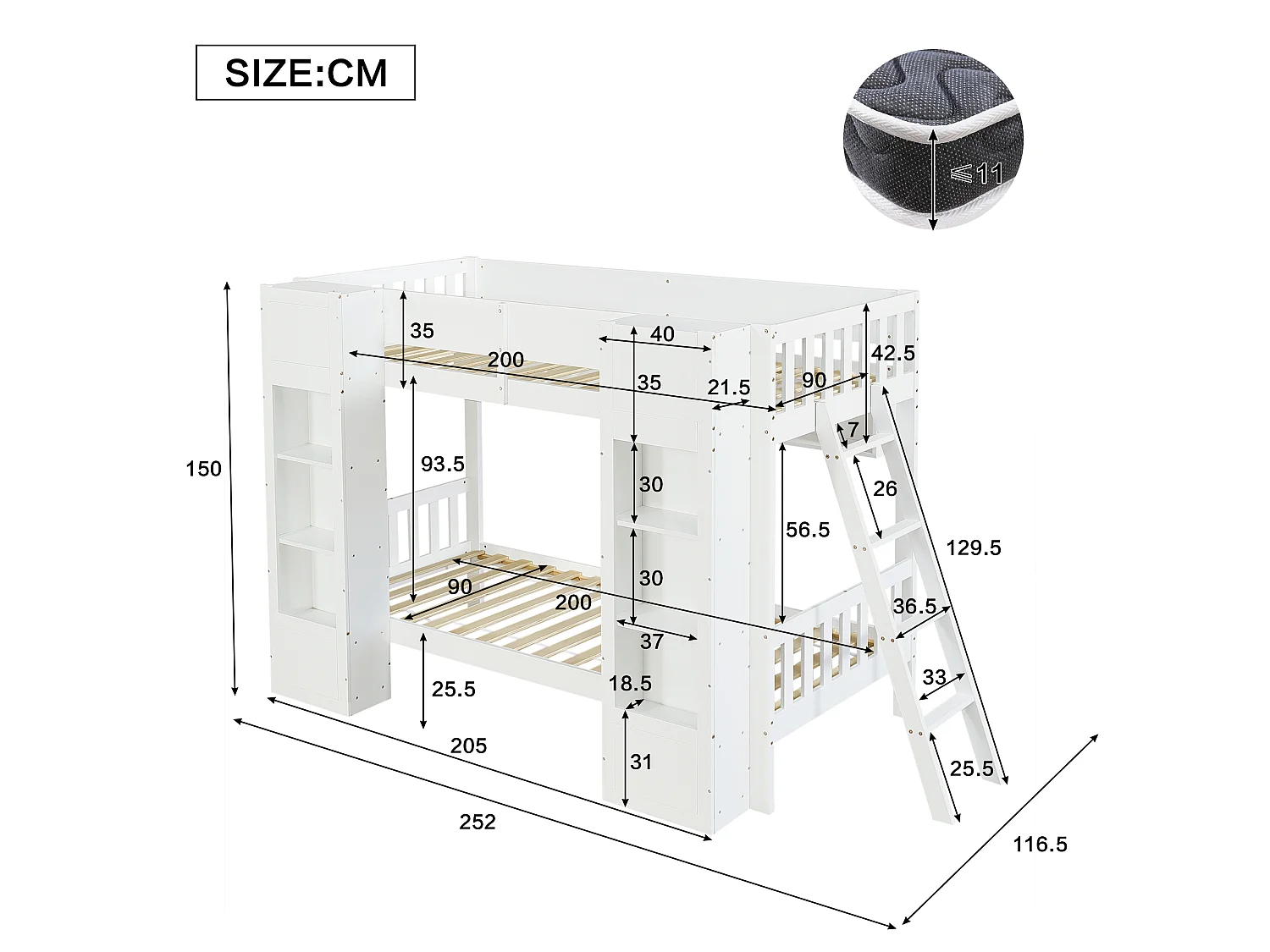 Bunk bed 2 x 90 x 200 cm with 2 storage cupboards, hanging shelf – Pine, plywood, MDF – White (Mattress not included)