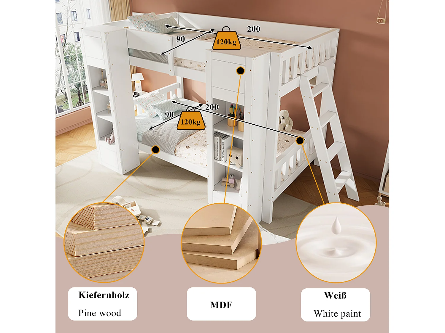 Bunk bed 2 x 90 x 200 cm with 2 storage cupboards, hanging shelf – Pine, plywood, MDF – White (Mattress not included)