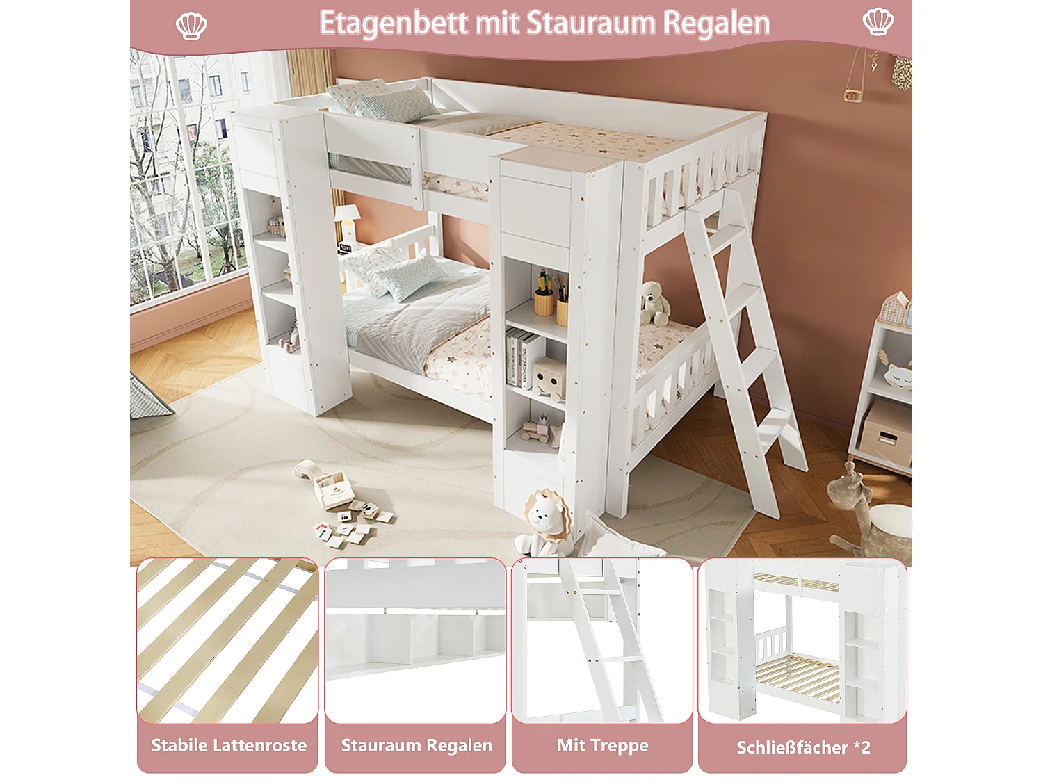 Bunk bed 2 x 90 x 200 cm with 2 storage cupboards, hanging shelf – Pine, plywood, MDF – White (Mattress not included)