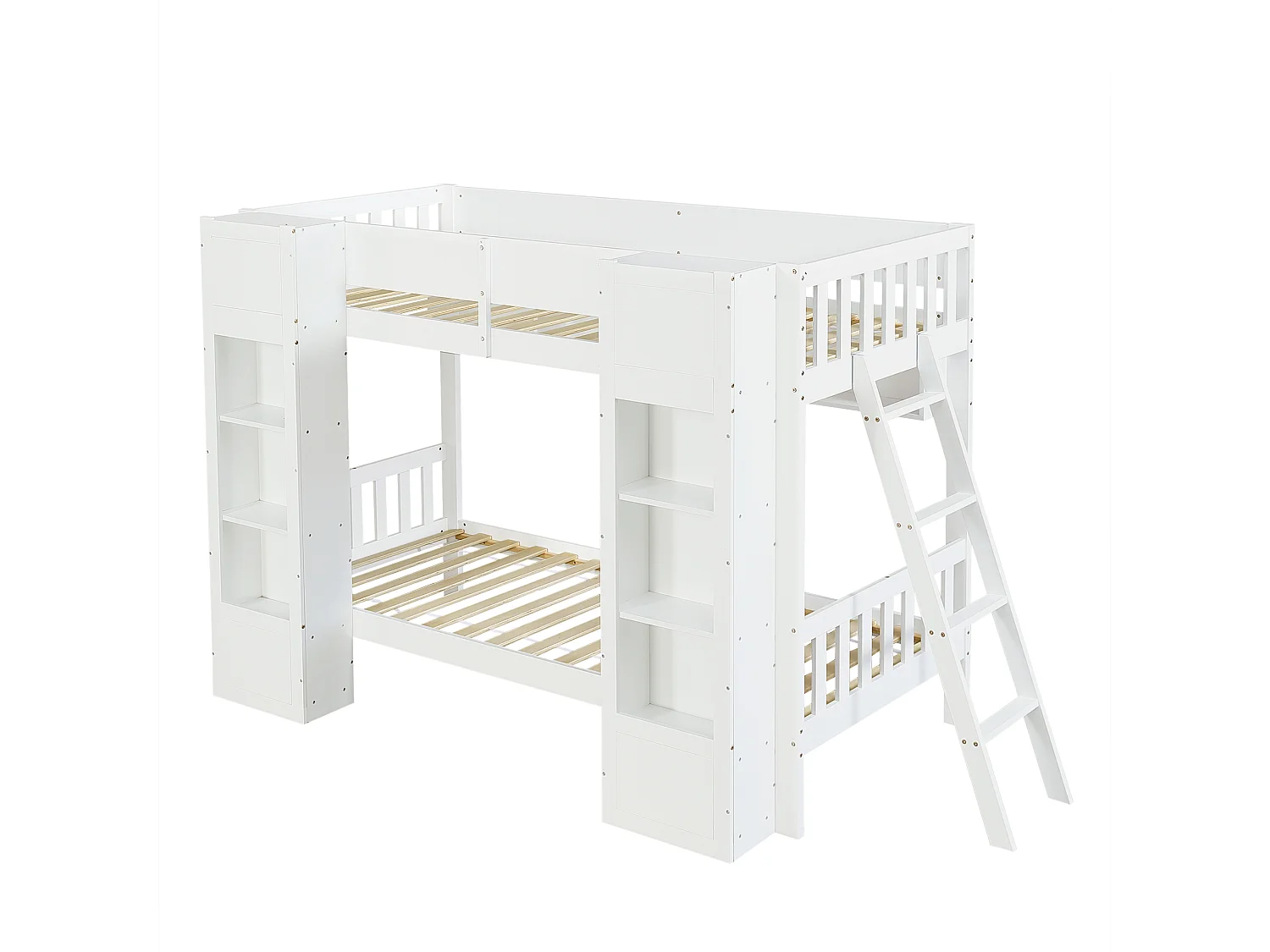 Bunk bed 2 x 90 x 200 cm with 2 storage cupboards, hanging shelf – Pine, plywood, MDF – White (Mattress not included)