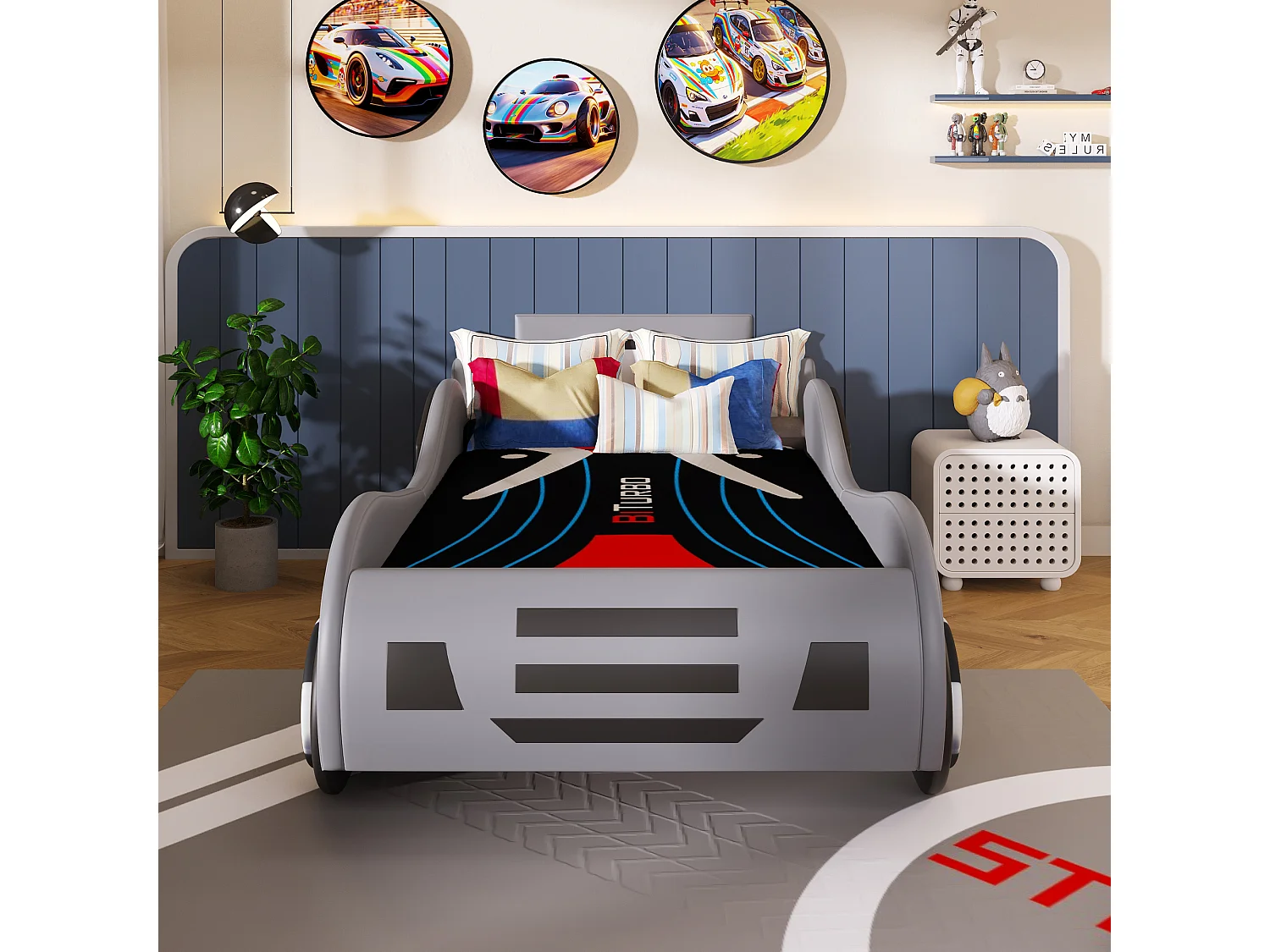 Autovormig kinderbed 90 x 200 cm met geïntegreerde opbergruimte - Bekleding van PU en MDF - Grijs (Matras niet inbegrepen)