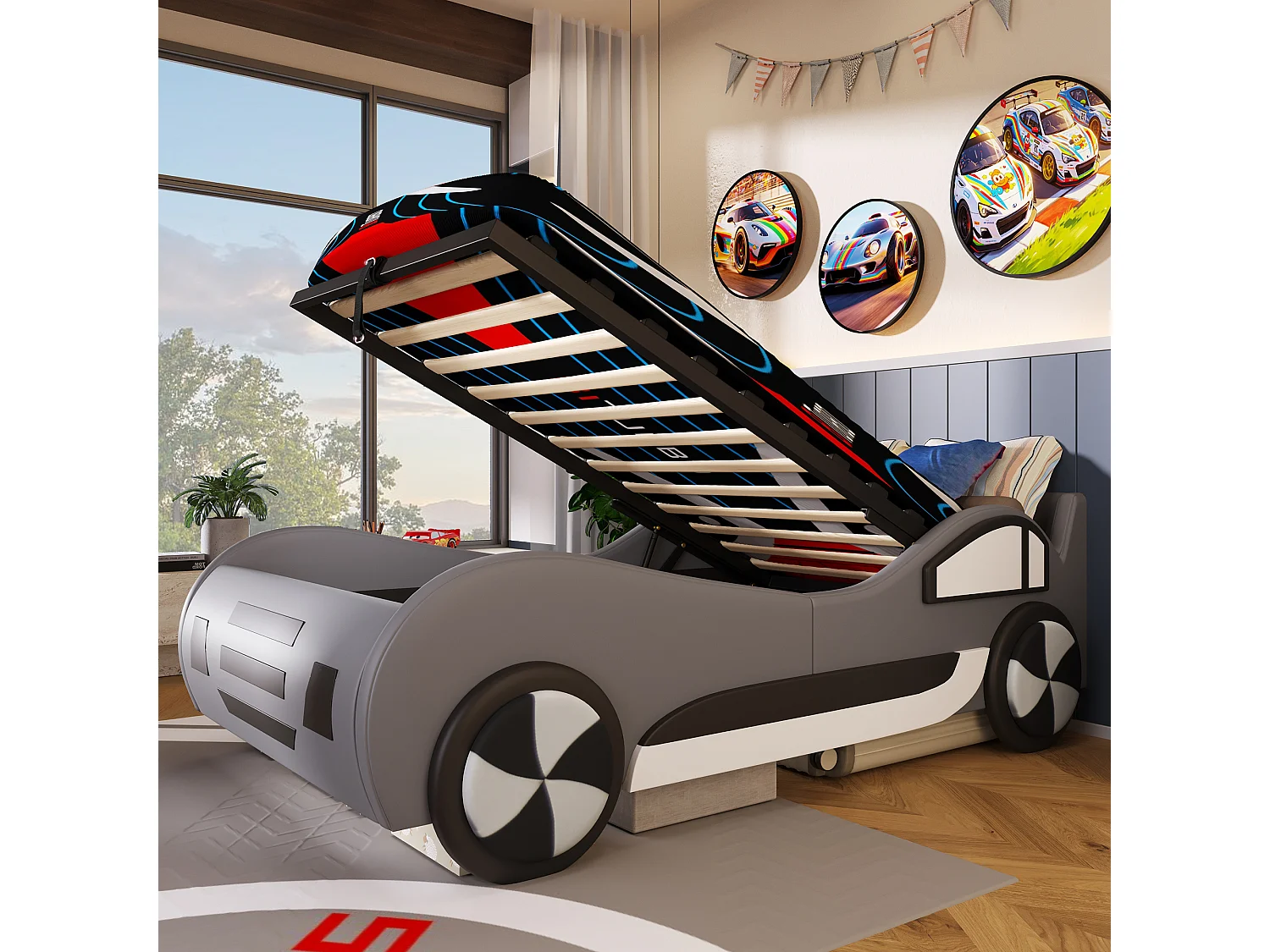 Autovormig kinderbed 90 x 200 cm met geïntegreerde opbergruimte - Bekleding van PU en MDF - Grijs (Matras niet inbegrepen)