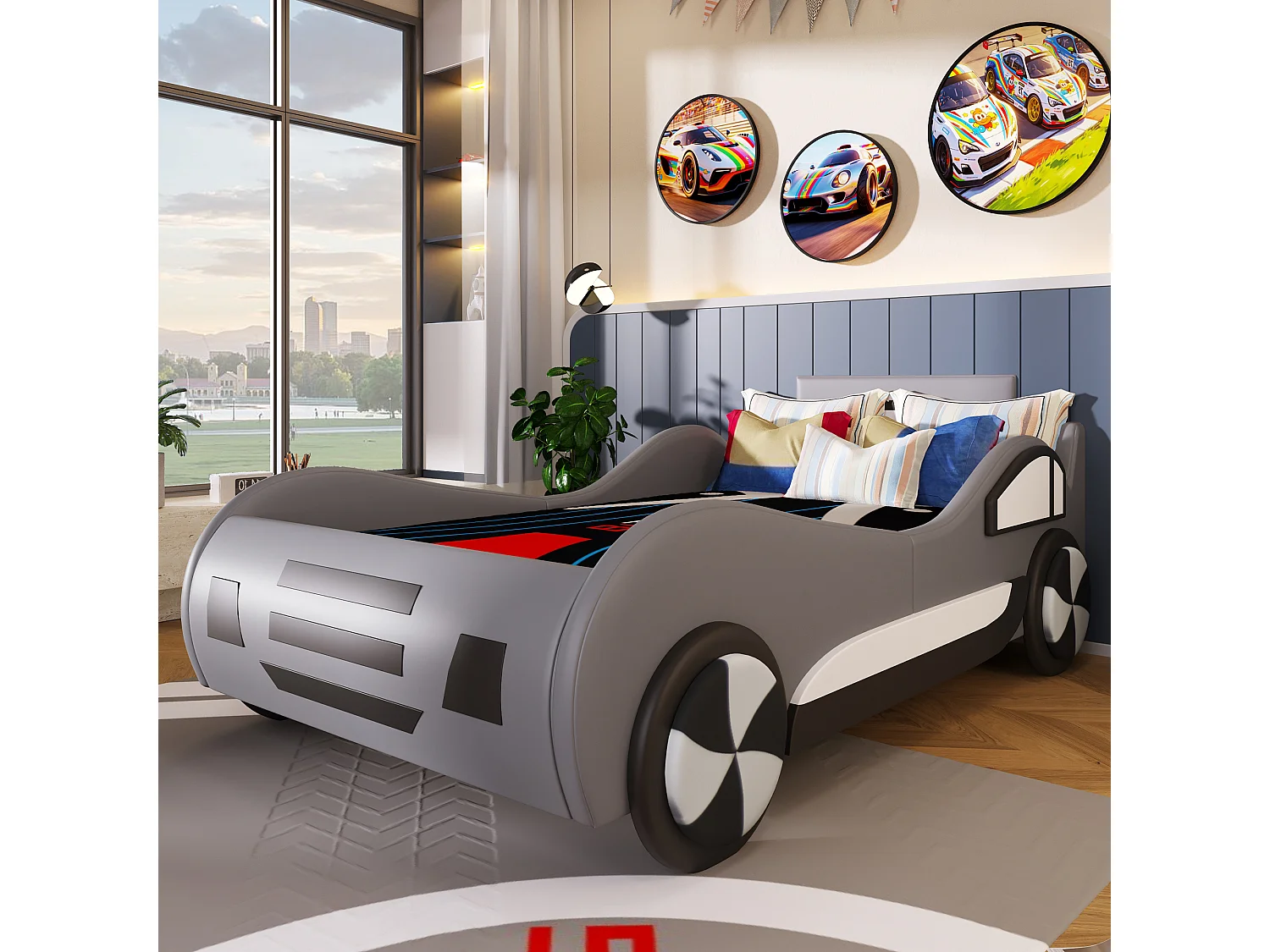 Autovormig kinderbed 90 x 200 cm met geïntegreerde opbergruimte - Bekleding van PU en MDF - Grijs (Matras niet inbegrepen)