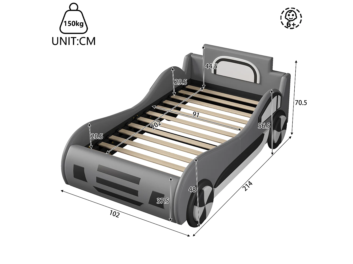 Autovormig kinderbed 90 x 200 cm met geïntegreerde opbergruimte - Bekleding van PU en MDF - Grijs (Matras niet inbegrepen)