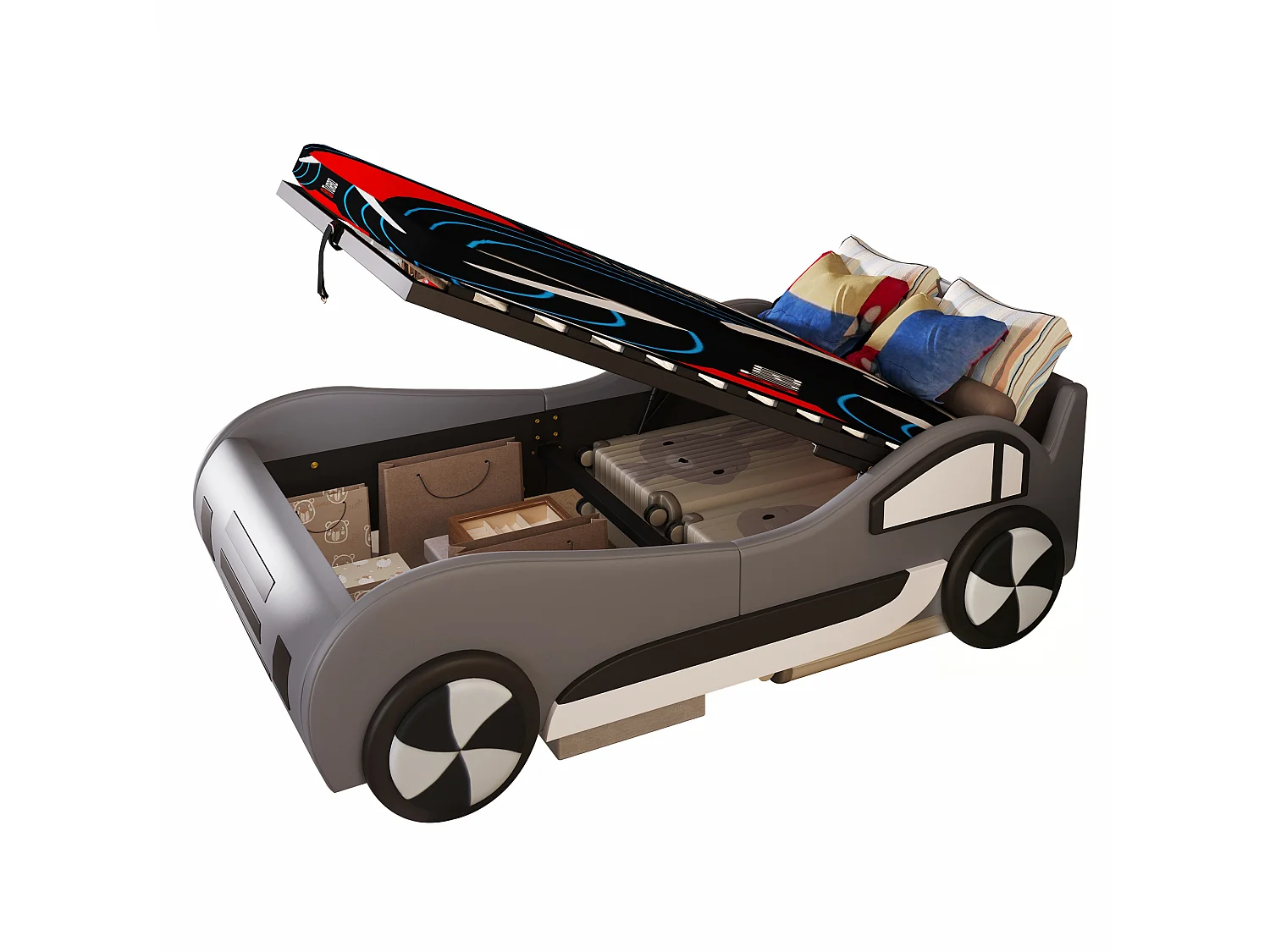 Autovormig kinderbed 90 x 200 cm met geïntegreerde opbergruimte - Bekleding van PU en MDF - Grijs (Matras niet inbegrepen)