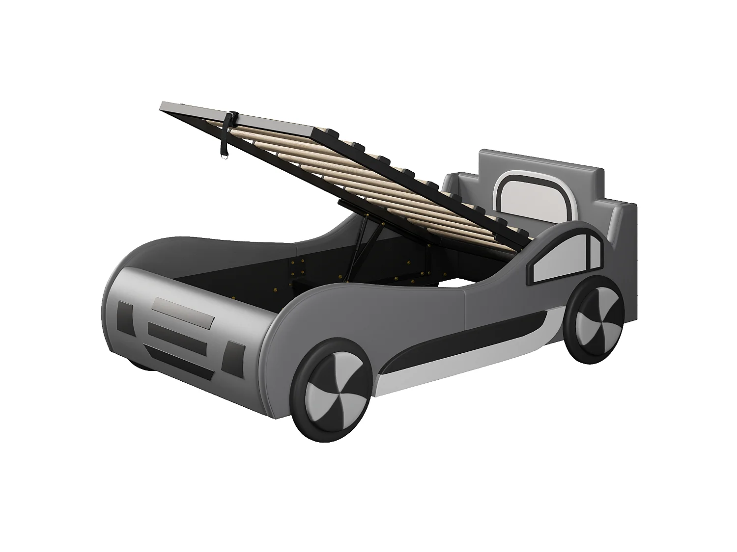 Autovormig kinderbed 90 x 200 cm met geïntegreerde opbergruimte - Bekleding van PU en MDF - Grijs (Matras niet inbegrepen)