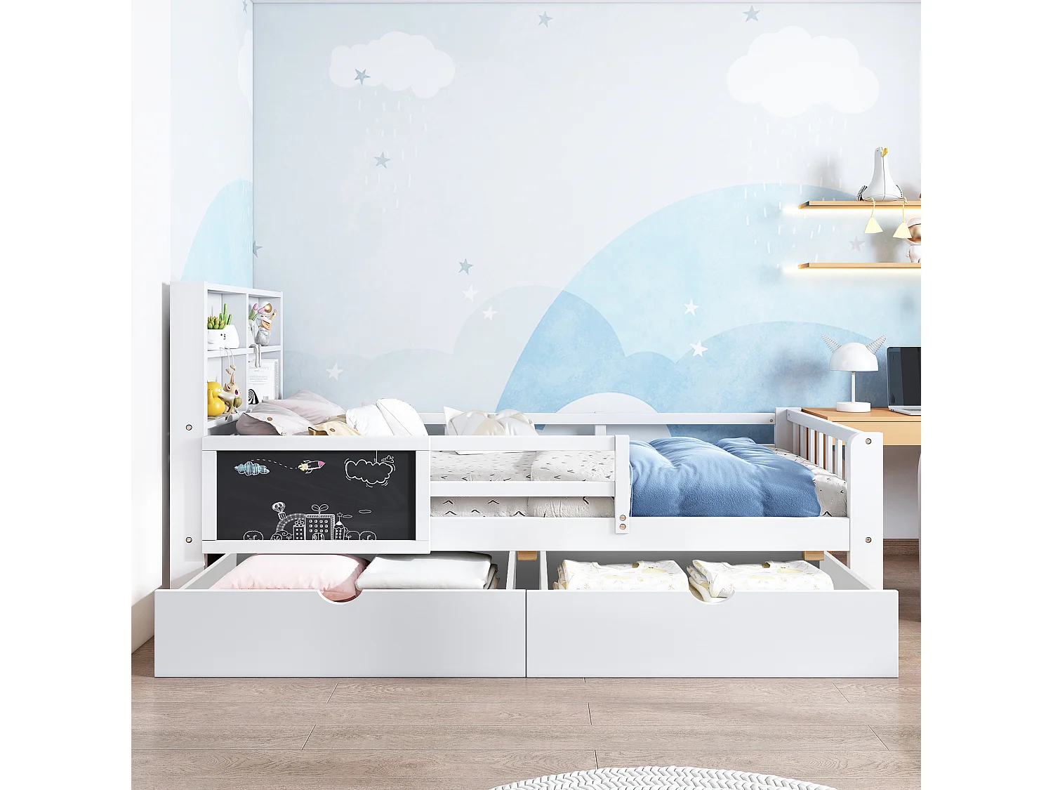 Children's bed 90 x 200 cm with headboard and guardrails - 2 drawers and shelves - Solid wood + MDF - White (Mattress not included)