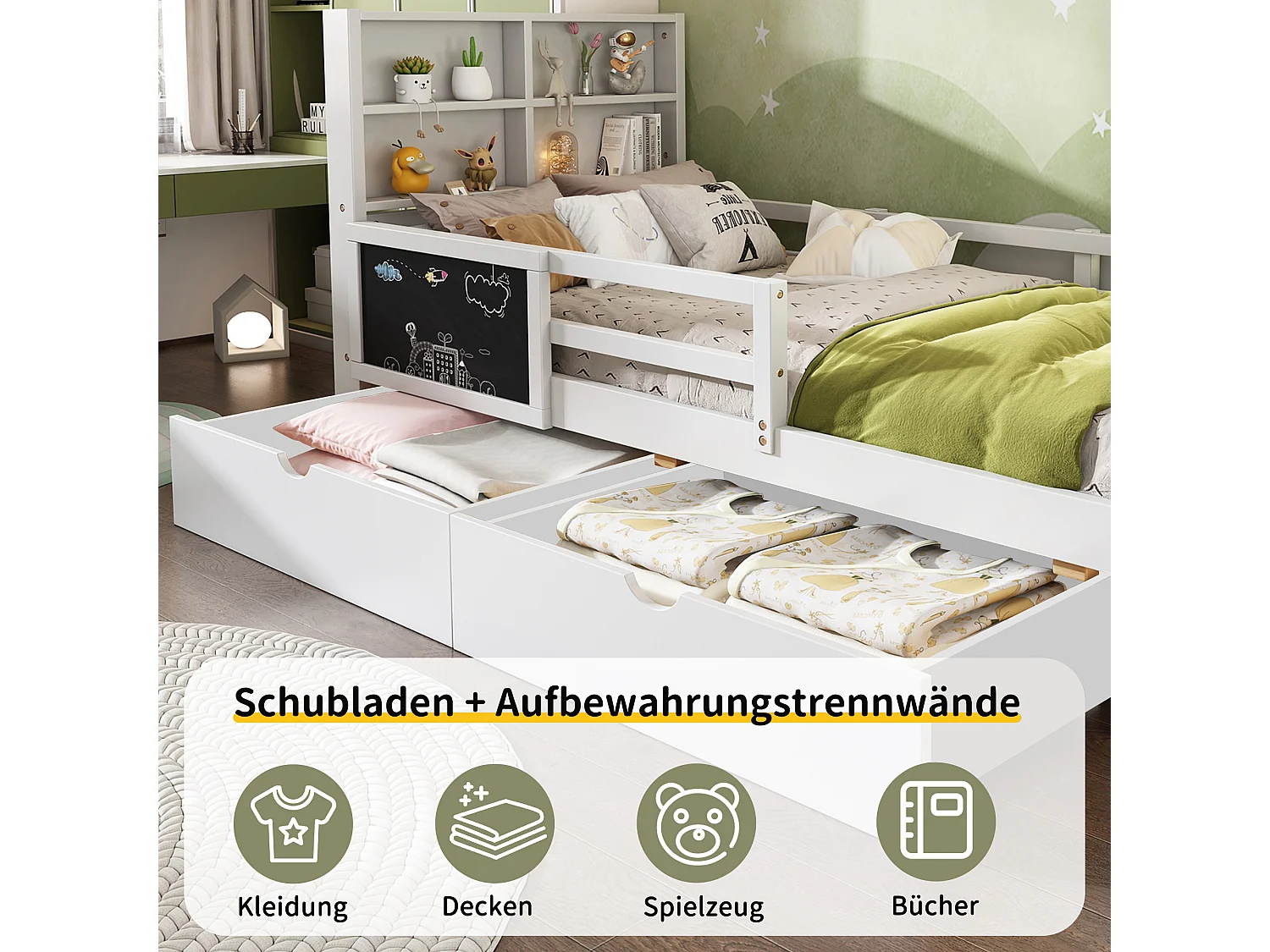 Children's bed 90 x 200 cm with headboard and guardrails - 2 drawers and shelves - Solid wood + MDF - White (Mattress not included)