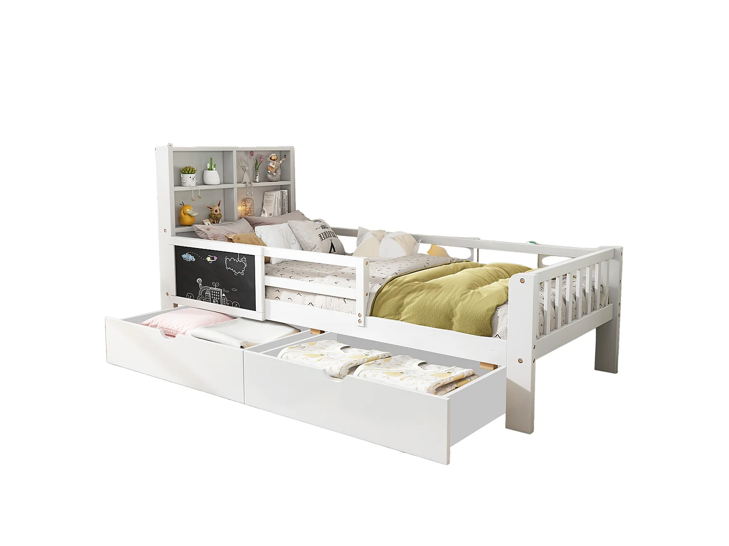 Children's bed 90 x 200 cm with headboard and guardrails - 2 drawers and shelves - Solid wood + MDF - White (Mattress not included)