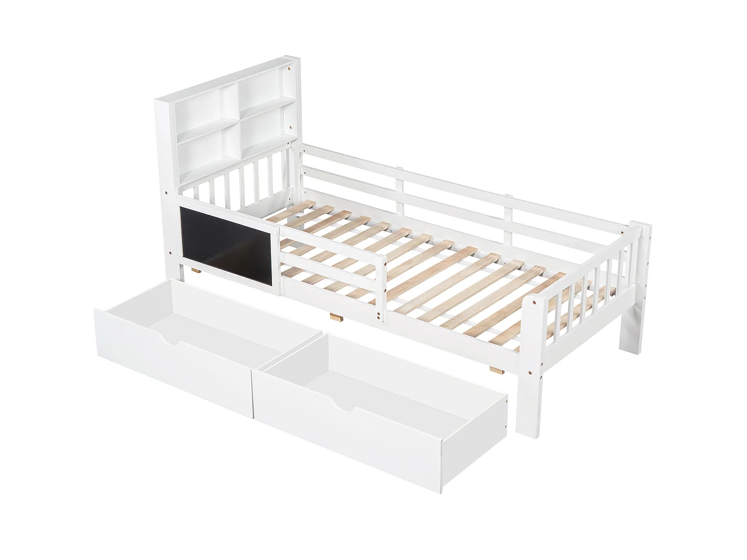 Children's bed 90 x 200 cm with headboard and guardrails - 2 drawers and shelves - Solid wood + MDF - White (Mattress not included)