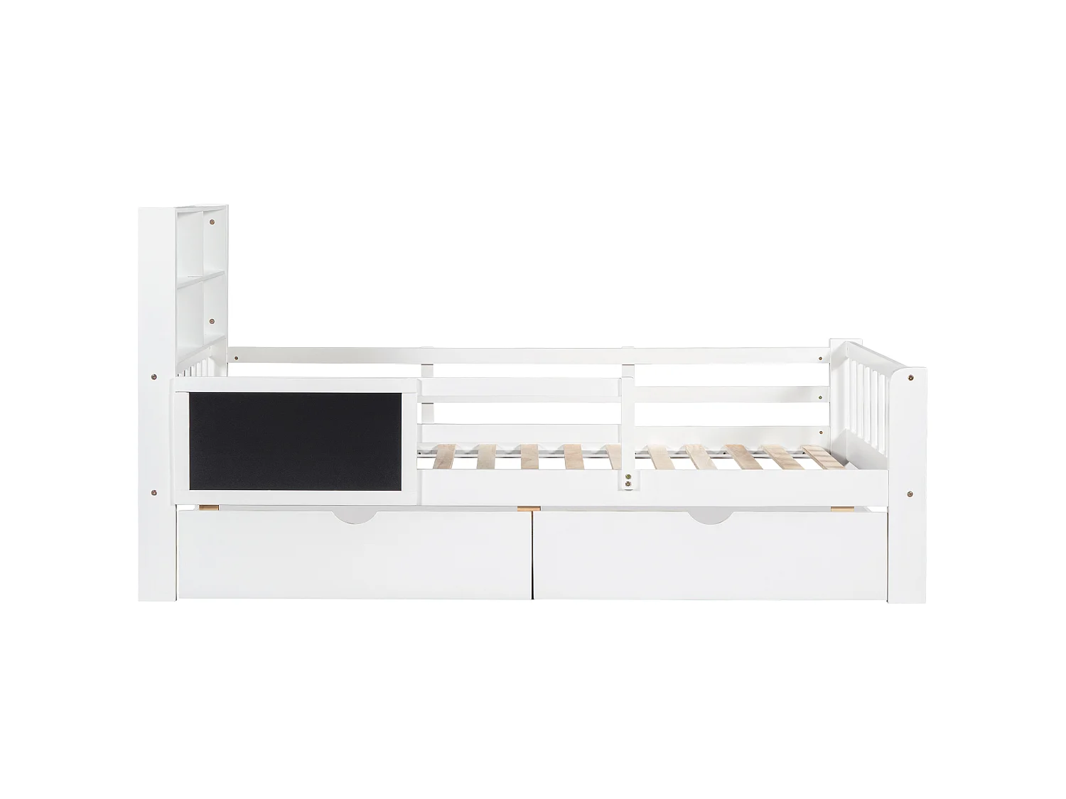 Children's bed 90 x 200 cm with headboard and guardrails - 2 drawers and shelves - Solid wood + MDF - White (Mattress not included)