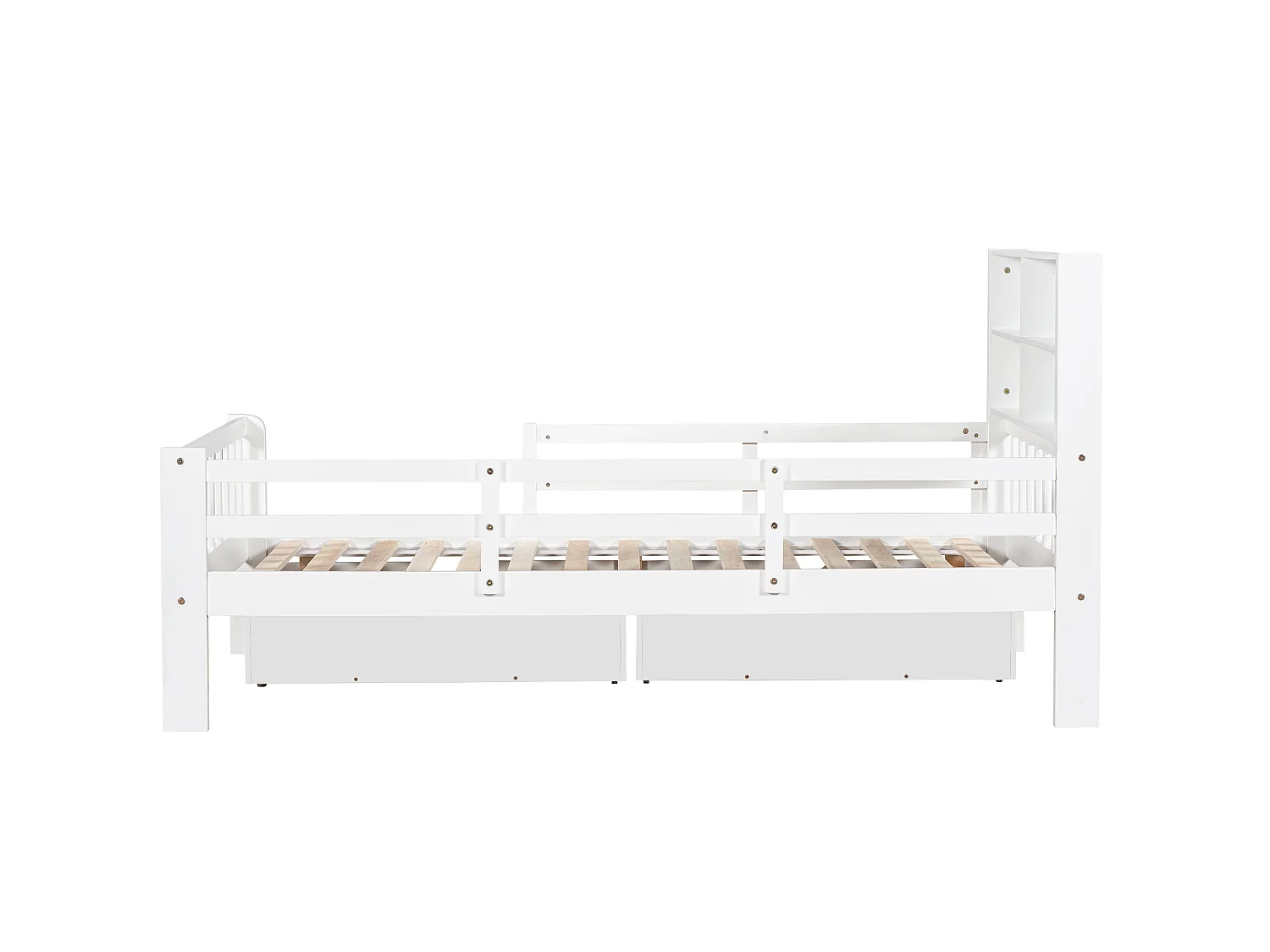 Children's bed 90 x 200 cm with headboard and guardrails - 2 drawers and shelves - Solid wood + MDF - White (Mattress not included)