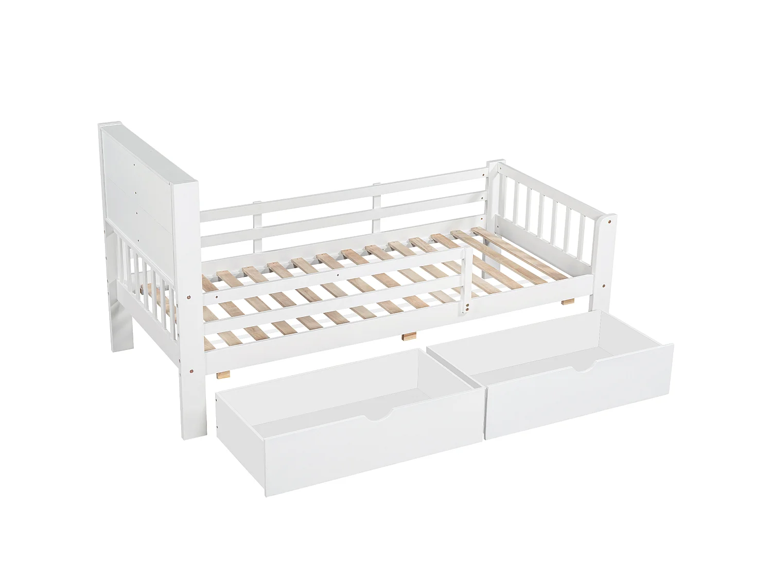 Children's bed 90 x 200 cm with headboard and guardrails - 2 drawers and shelves - Solid wood + MDF - White (Mattress not included)