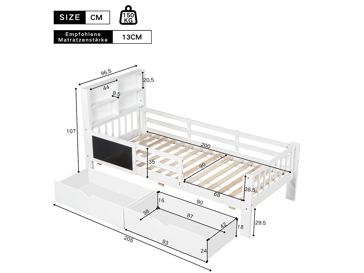 Children's bed 90 x 200 cm with headboard and guardrails - 2 drawers and shelves - Solid wood + MDF - White (Mattress not included)