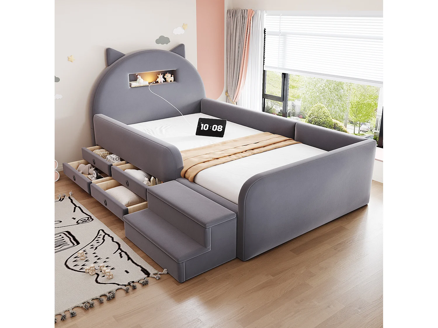 Upholstered bed 90 x 200 cm with headboard, 4 drawers, 2 steps, nightlight and USB port - Velvet + MDF - Dark grey (Mattress not included)