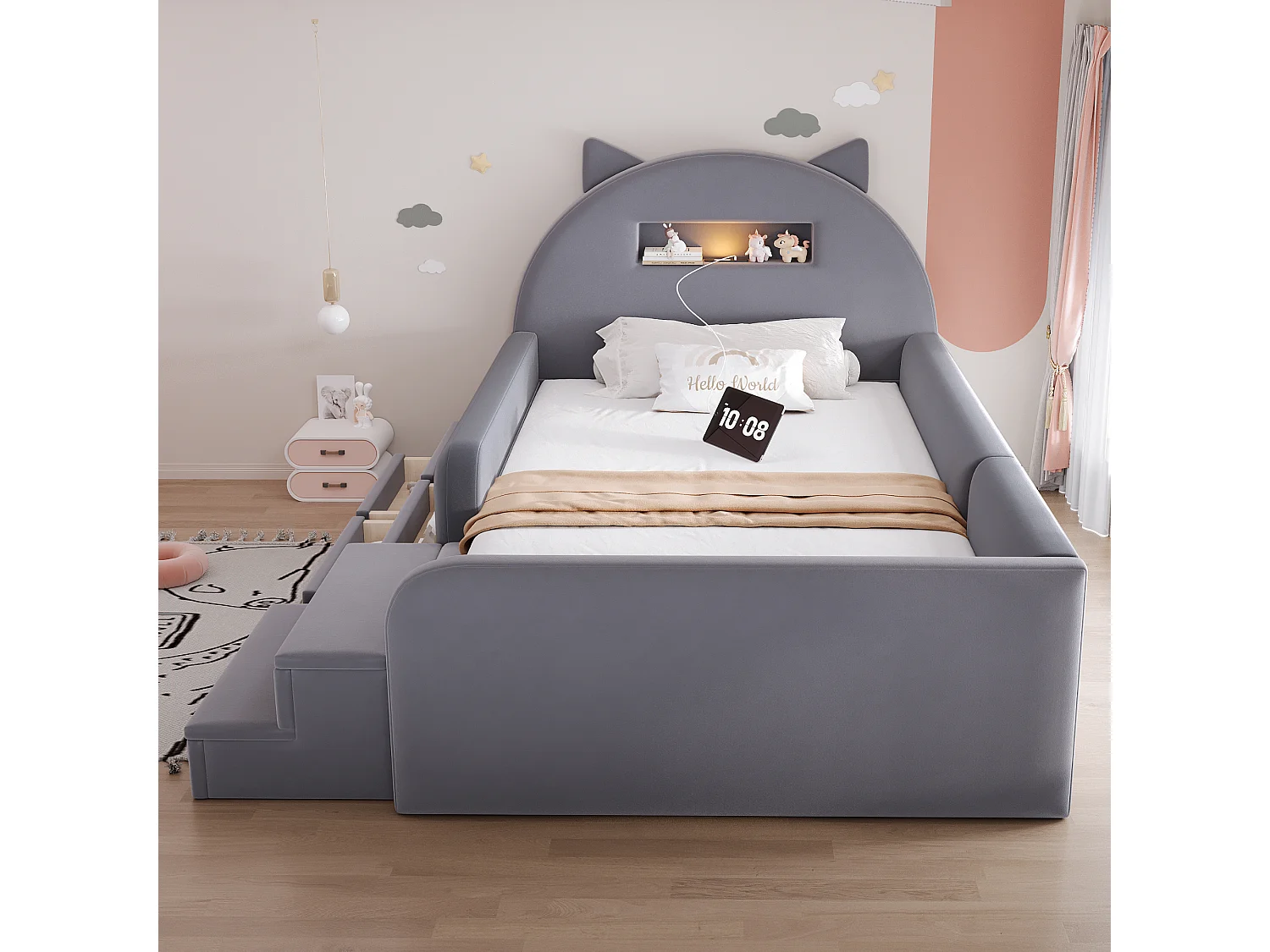 Upholstered bed 90 x 200 cm with headboard, 4 drawers, 2 steps, nightlight and USB port - Velvet + MDF - Dark grey (Mattress not included)