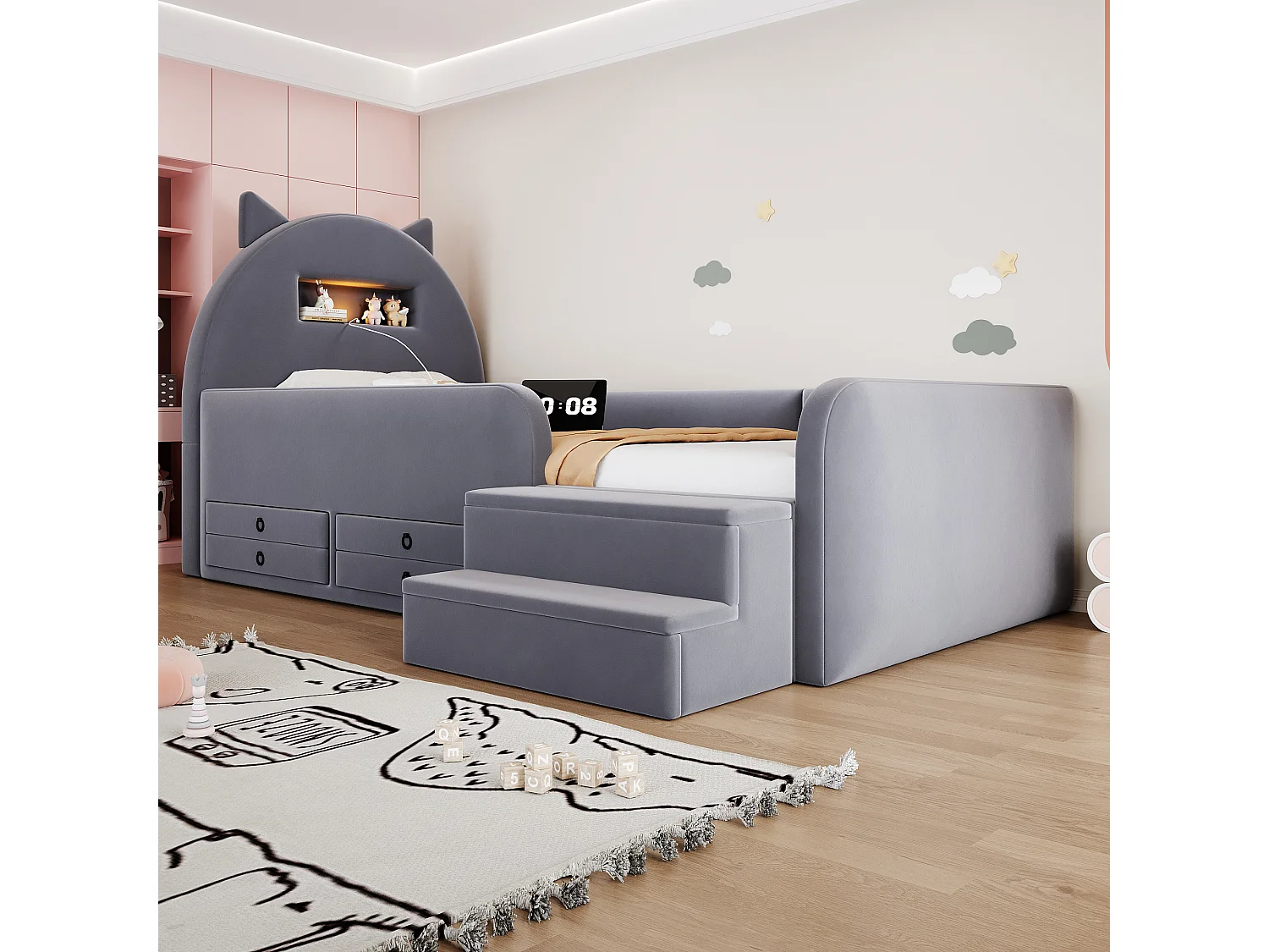 Upholstered bed 90 x 200 cm with headboard, 4 drawers, 2 steps, nightlight and USB port - Velvet + MDF - Dark grey (Mattress not included)