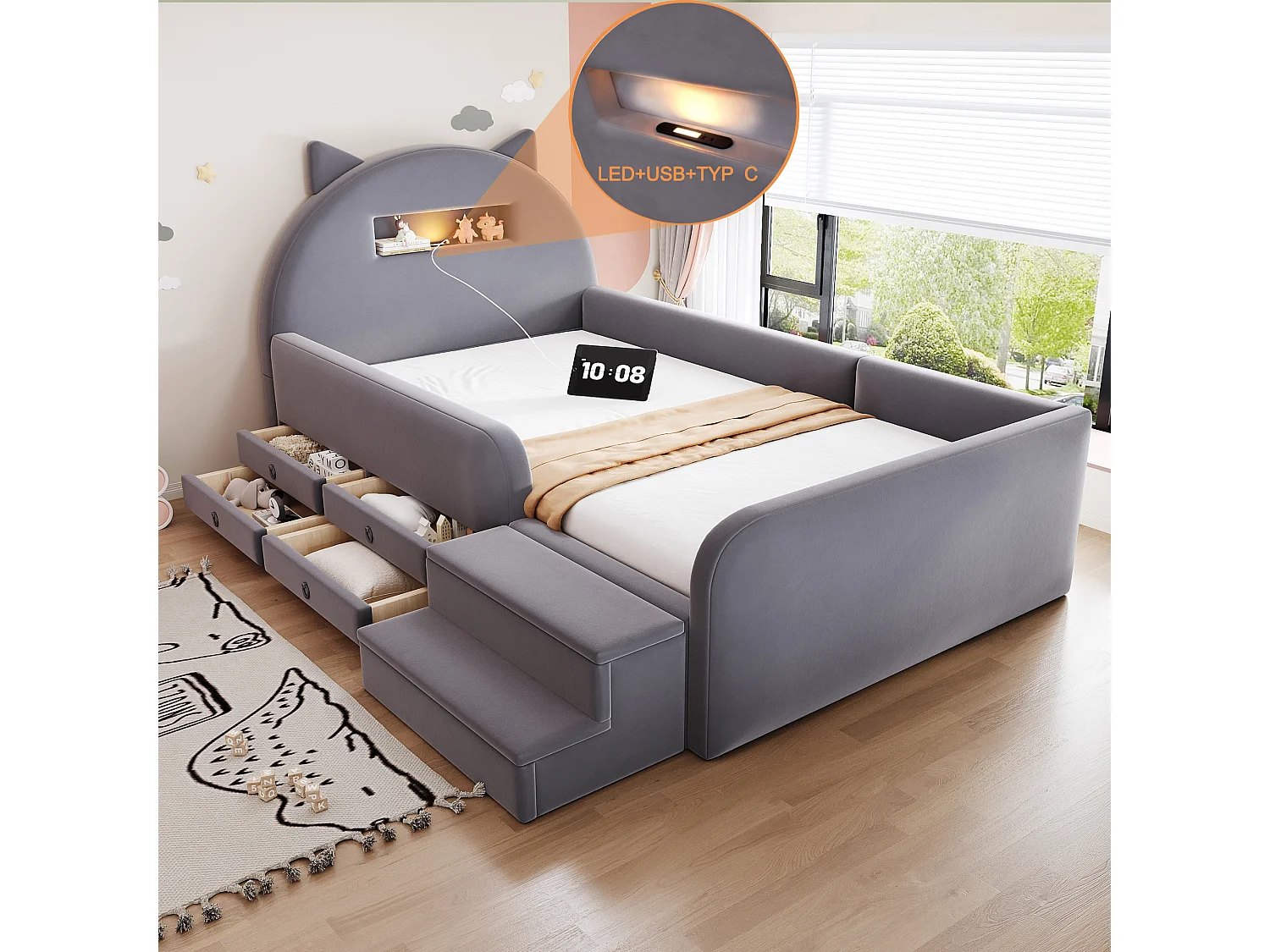 Upholstered bed 90 x 200 cm with headboard, 4 drawers, 2 steps, nightlight and USB port - Velvet + MDF - Dark grey (Mattress not included)