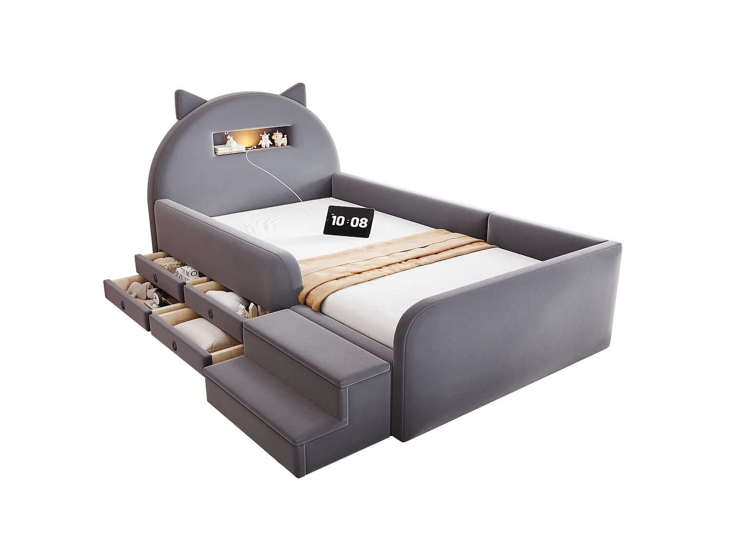 Upholstered bed 90 x 200 cm with headboard, 4 drawers, 2 steps, nightlight and USB port - Velvet + MDF - Dark grey (Mattress not included)
