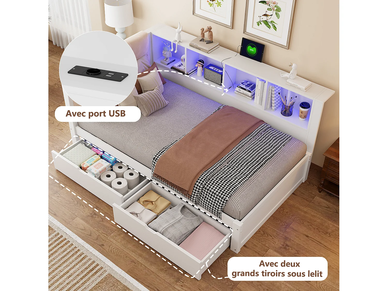 Lit 90 x 200 cm avec 2 tiroirs, 4 compartiments, USB et LED - Pin massif et MDF - Blanc (Sans matelas)
