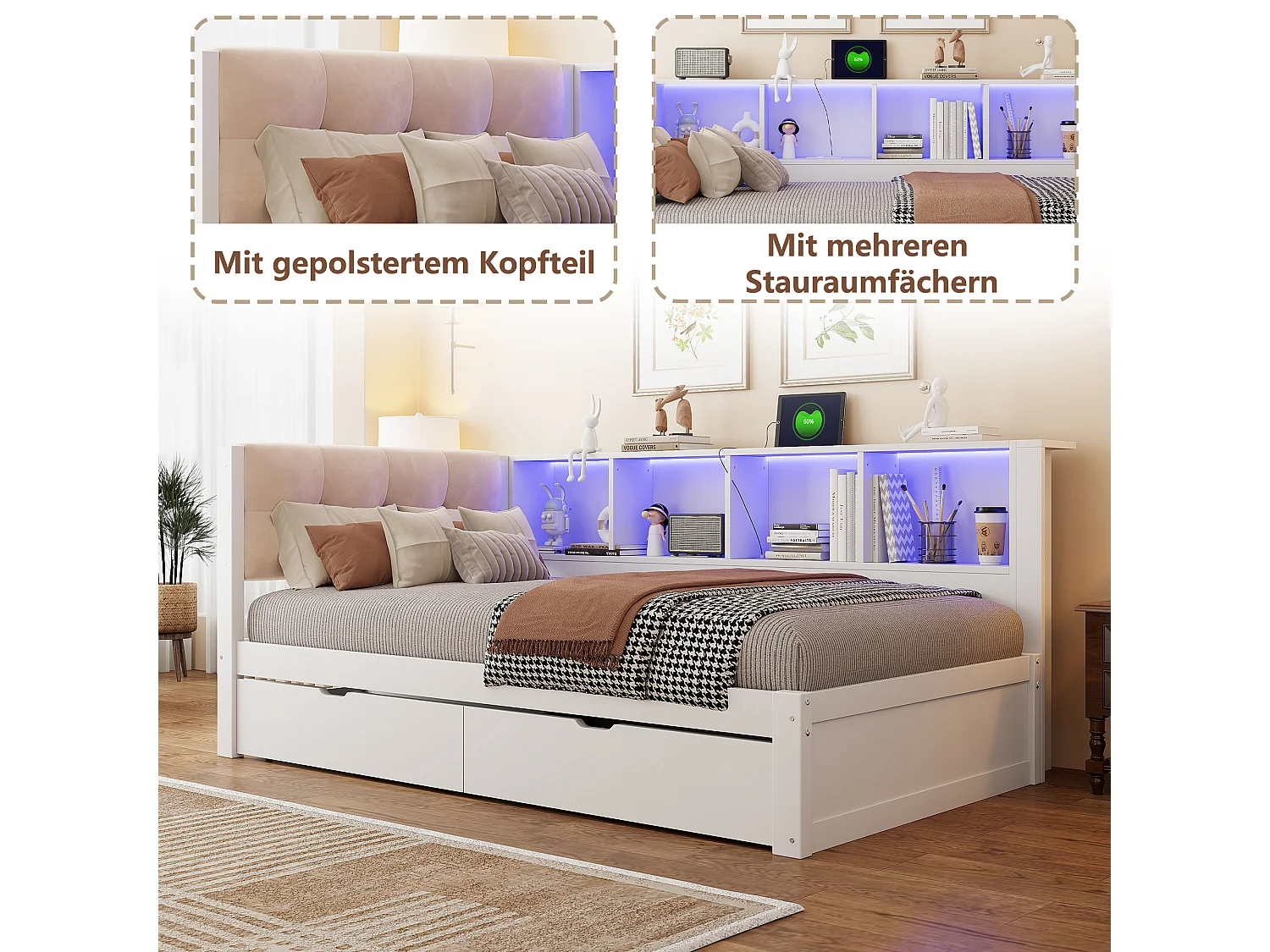 Lit 90 x 200 cm avec 2 tiroirs, 4 compartiments, USB et LED - Pin massif et MDF - Blanc (Sans matelas)