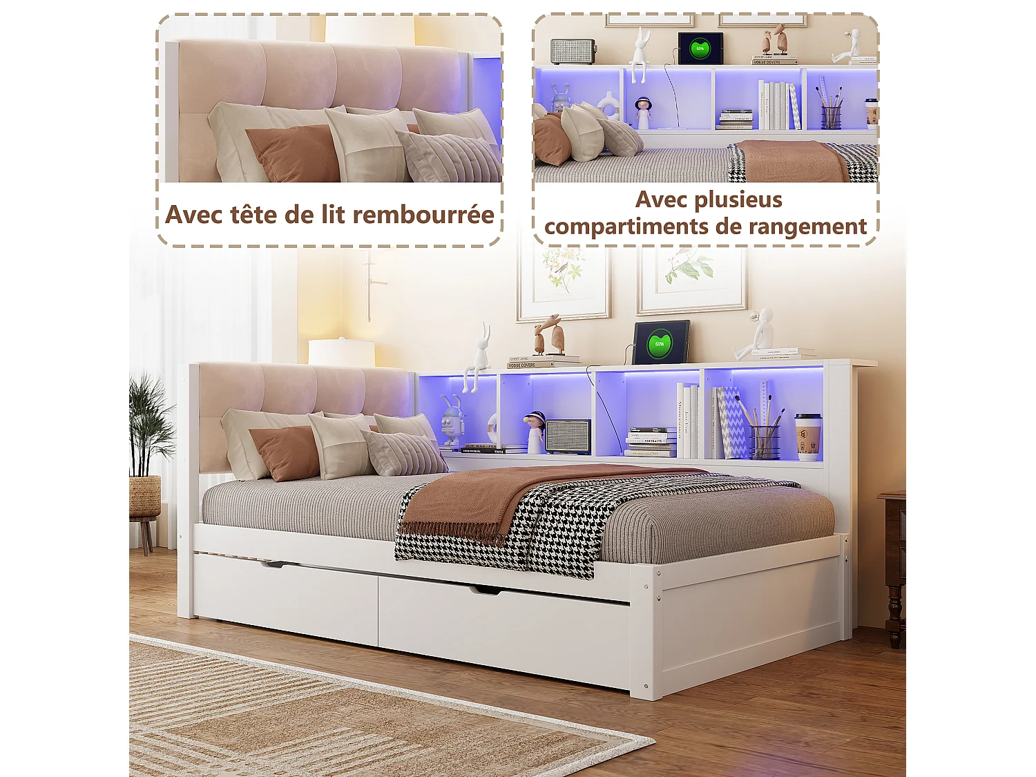 Lit 90 x 200 cm avec 2 tiroirs, 4 compartiments, USB et LED - Pin massif et MDF - Blanc (Sans matelas)