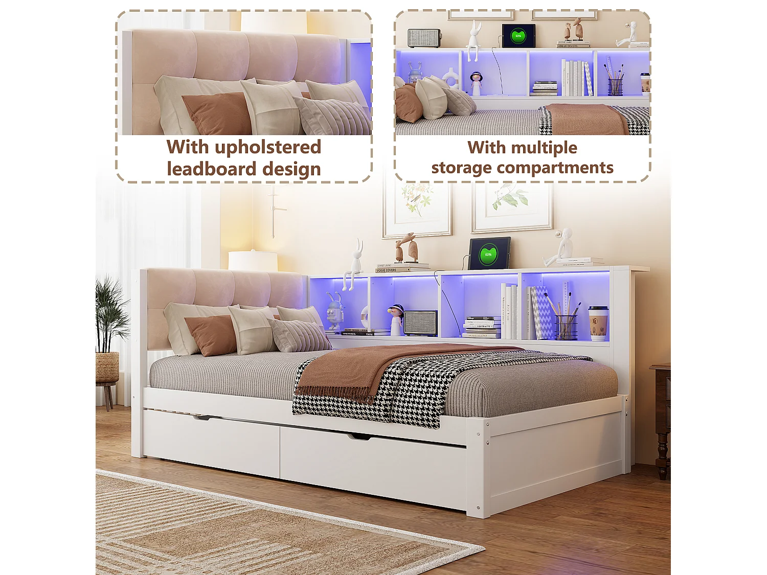 Lit 90 x 200 cm avec 2 tiroirs, 4 compartiments, USB et LED - Pin massif et MDF - Blanc (Sans matelas)