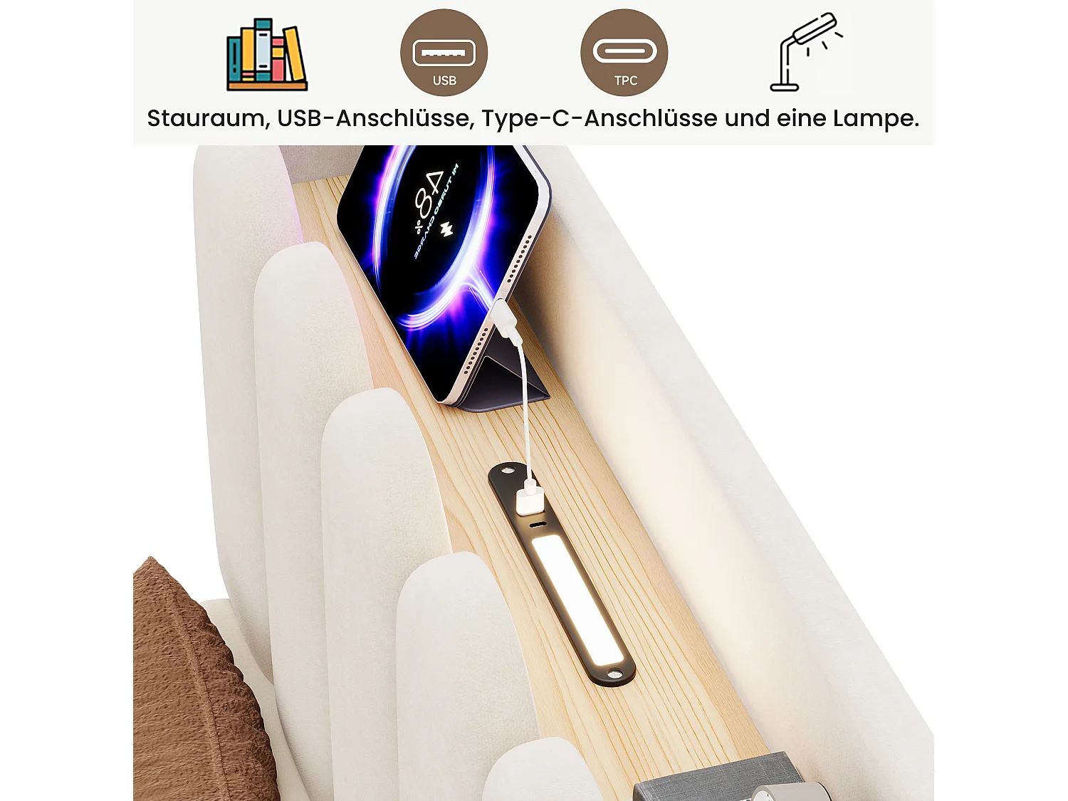 Upholstered children's bed 90 x 200 cm with headboard, USB & Type-C docking station, reading lamp - Velvet - Beige (Mattress not included)