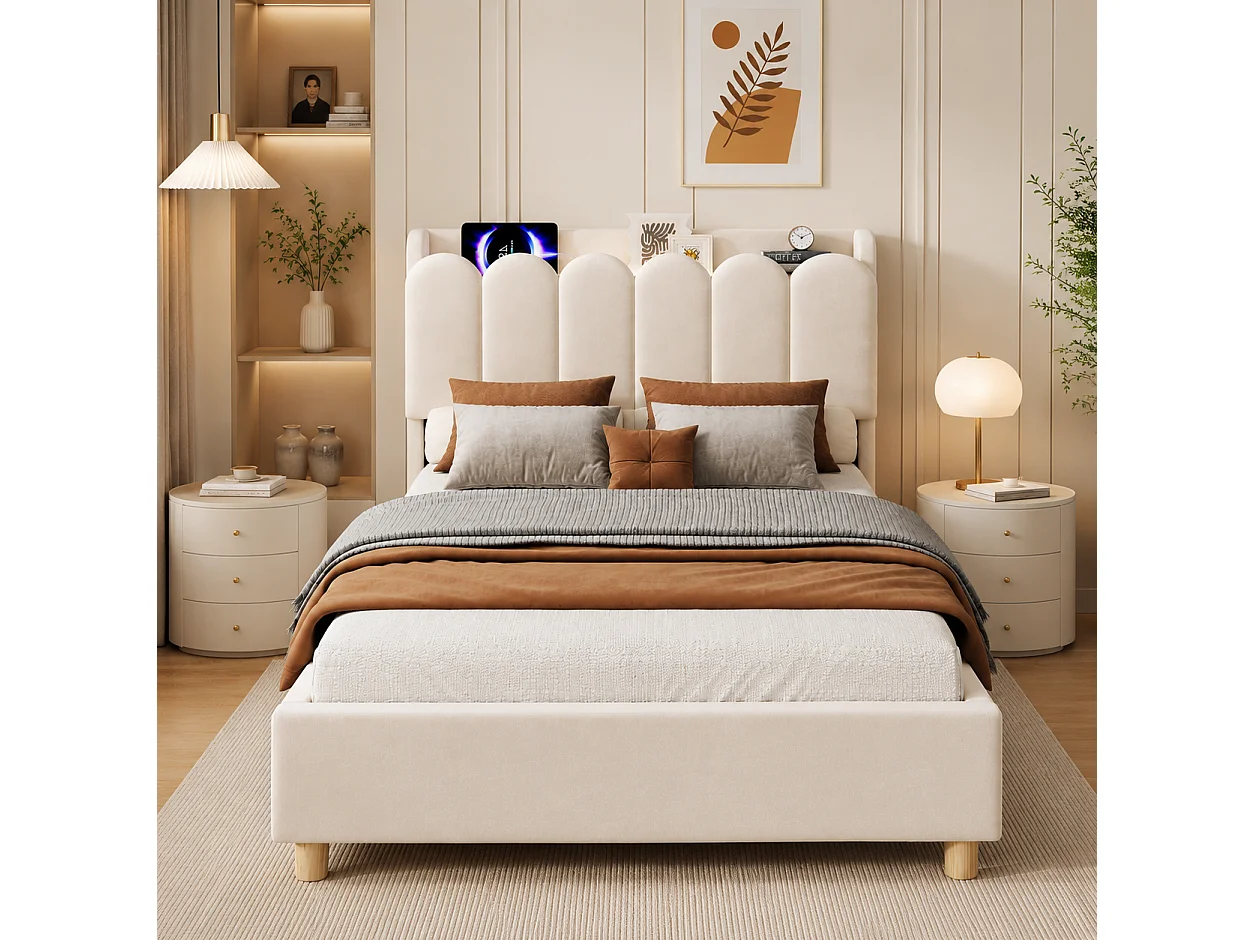 Upholstered children's bed 90 x 200 cm with headboard, USB & Type-C docking station, reading lamp - Velvet - Beige (Mattress not included)