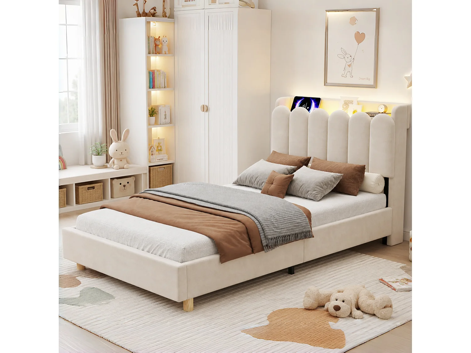 Upholstered children's bed 90 x 200 cm with headboard, USB & Type-C docking station, reading lamp - Velvet - Beige (Mattress not included)