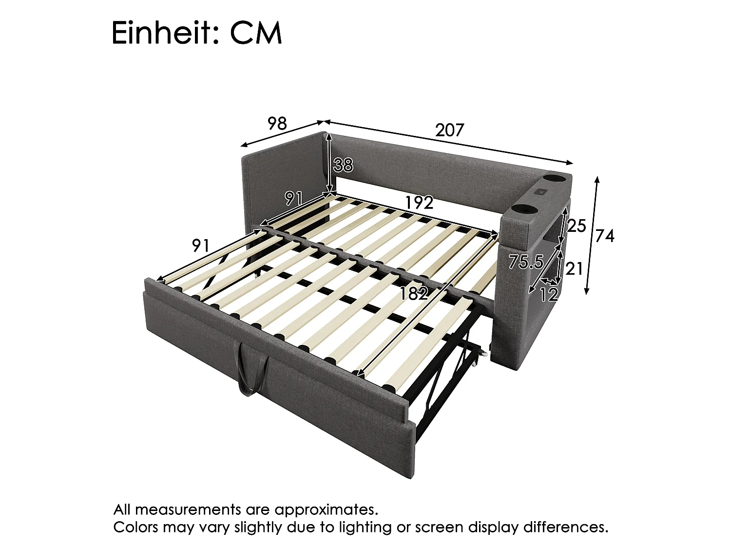Lit gigogne 90/180 x 190 cm avec charge USB/USB-C, porte-gobelets et rangements intégrés - Bois, coton-lin et métal - Gris (Sans matelas)