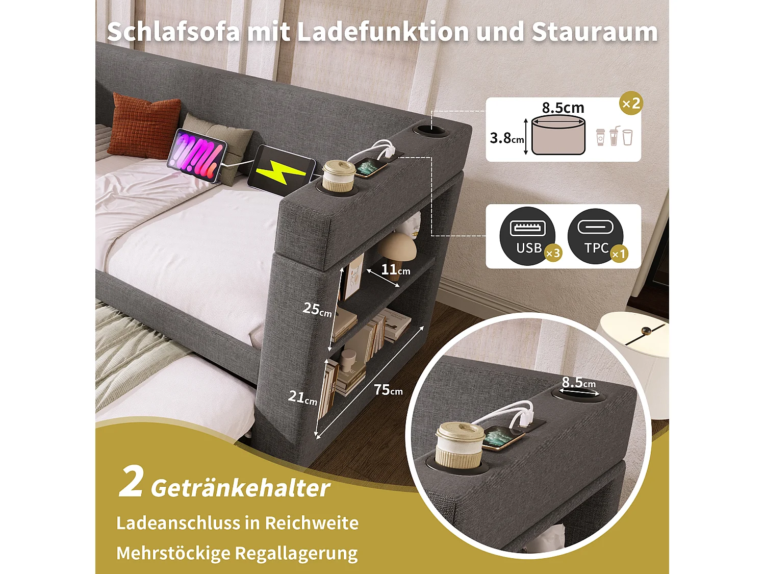 Lit gigogne 90/180 x 190 cm avec charge USB/USB-C, porte-gobelets et rangements intégrés - Bois, coton-lin et métal - Gris (Sans matelas)