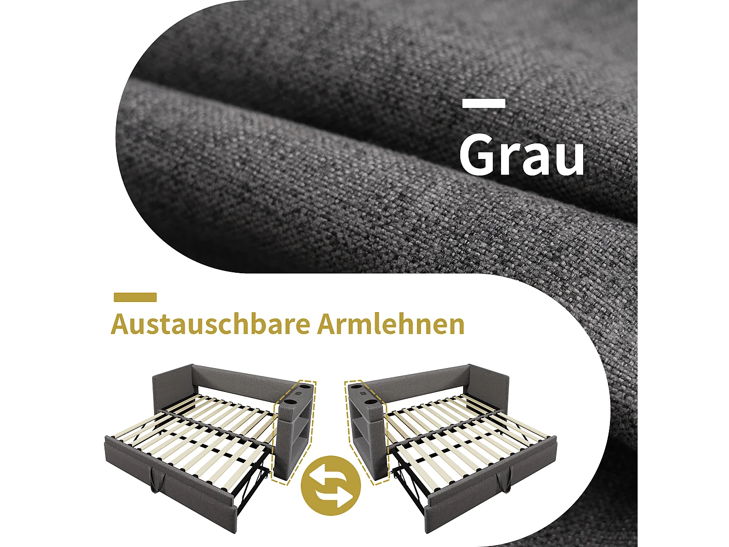 Lit gigogne 90/180 x 190 cm avec charge USB/USB-C, porte-gobelets et rangements intégrés - Bois, coton-lin et métal - Gris (Sans matelas)