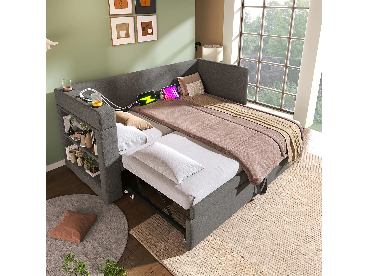 Lit gigogne 90/180 x 190 cm avec charge USB/USB-C, porte-gobelets et rangements intégrés - Bois, coton-lin et métal - Gris (Sans matelas)