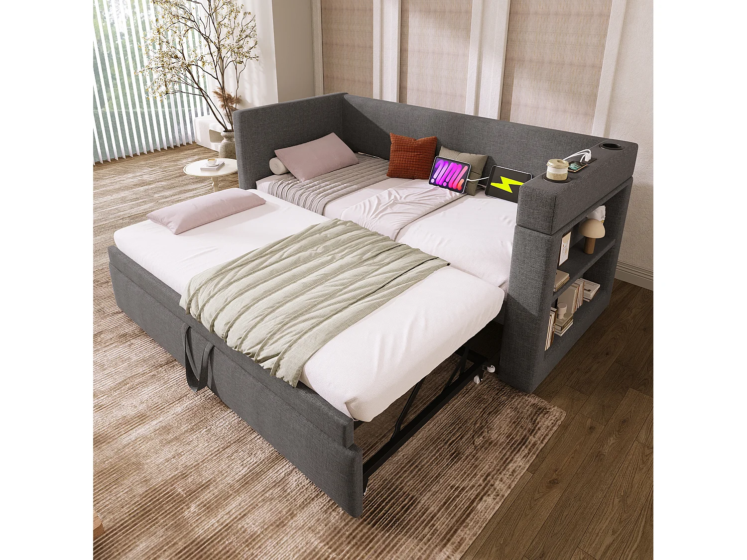Lit gigogne 90/180 x 190 cm avec charge USB/USB-C, porte-gobelets et rangements intégrés - Bois, coton-lin et métal - Gris (Sans matelas)