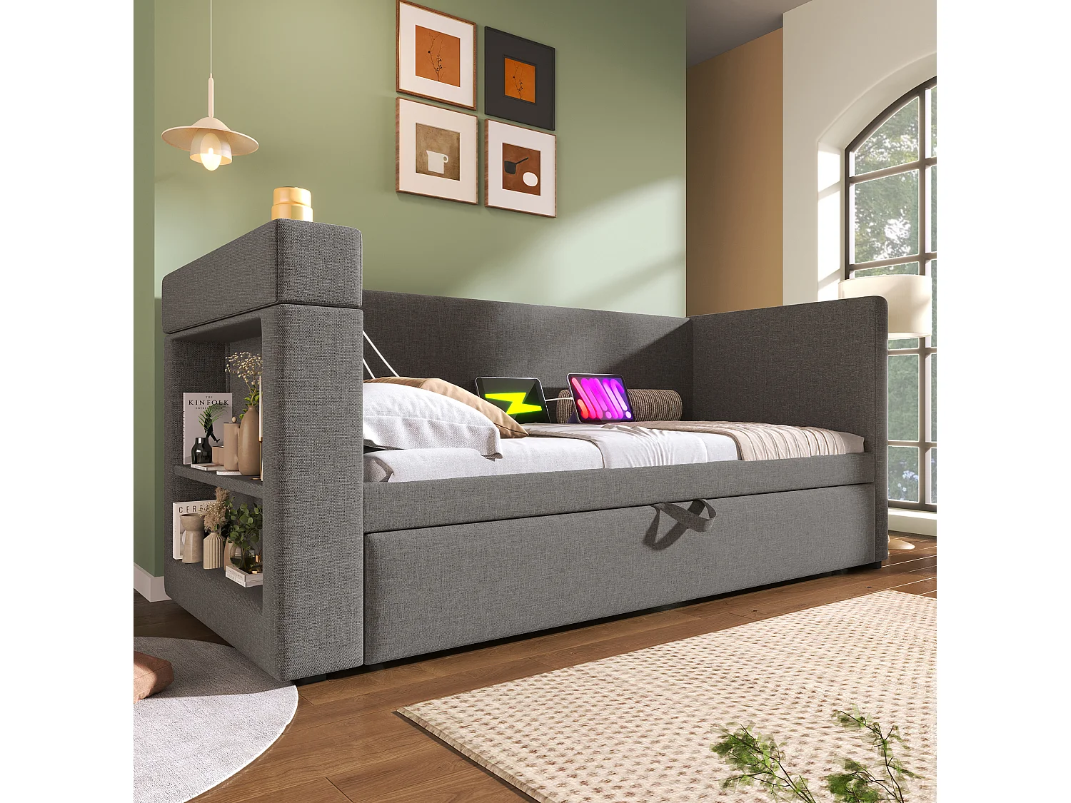 Lit gigogne 90/180 x 190 cm avec charge USB/USB-C, porte-gobelets et rangements intégrés - Bois, coton-lin et métal - Gris (Sans matelas)