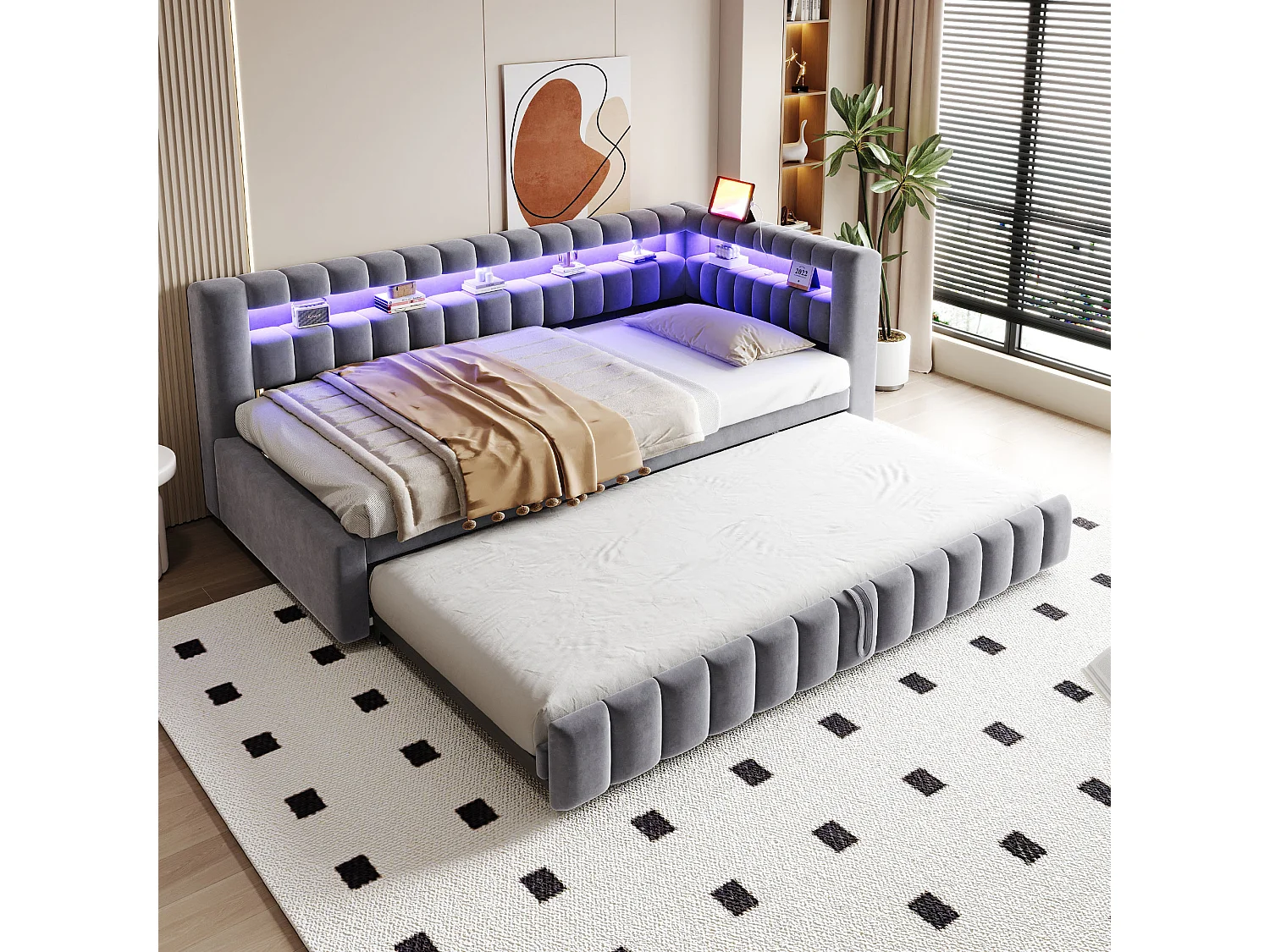 Upholstered pull-out bed 90 x 200 cm + 90 x 190 cm with compartments, LED and USB ports - Velvet + metal - Dark grey (Mattress not included)