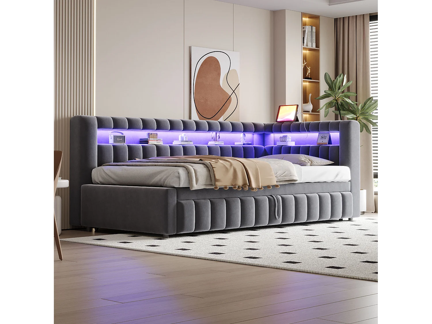 Upholstered pull-out bed 90 x 200 cm + 90 x 190 cm with compartments, LED and USB ports - Velvet + metal - Dark grey (Mattress not included)