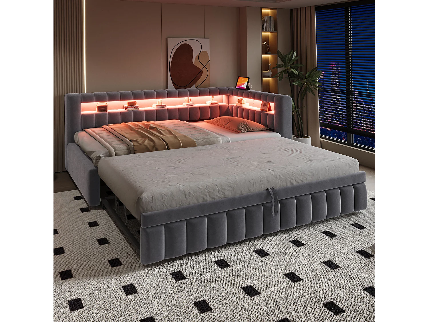Upholstered pull-out bed 90 x 200 cm + 90 x 190 cm with compartments, LED and USB ports - Velvet + metal - Dark grey (Mattress not included)