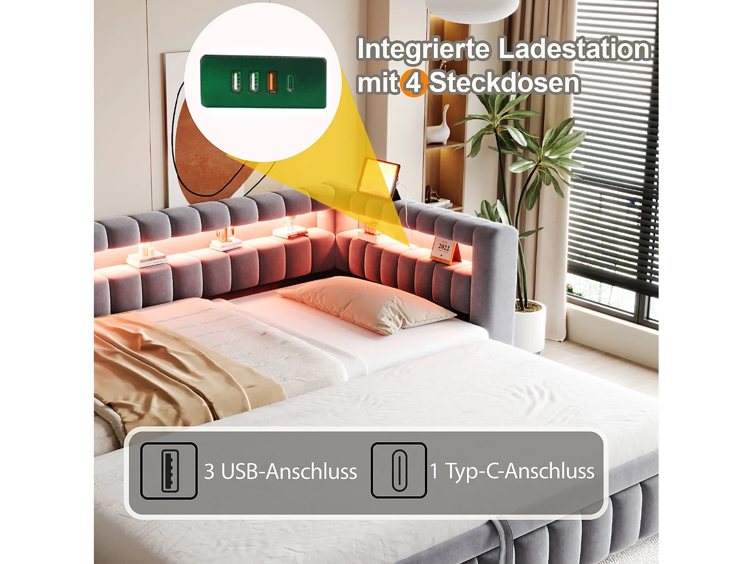 Upholstered pull-out bed 90 x 200 cm + 90 x 190 cm with compartments, LED and USB ports - Velvet + metal - Dark grey (Mattress not included)