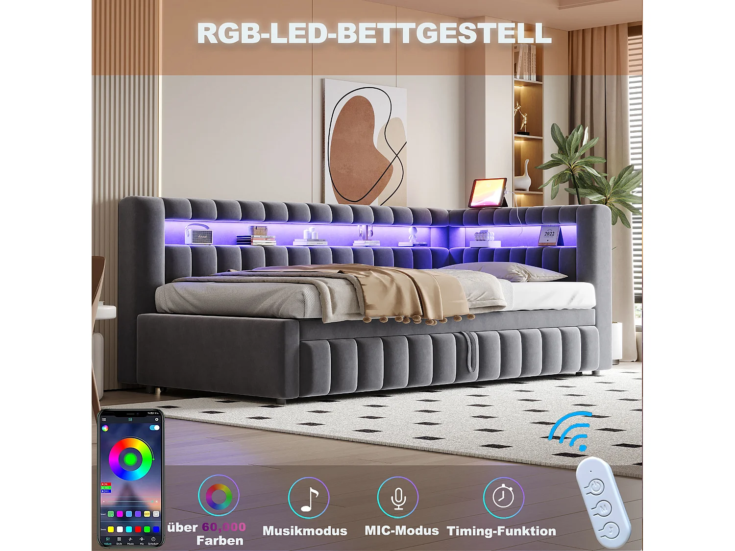 Upholstered pull-out bed 90 x 200 cm + 90 x 190 cm with compartments, LED and USB ports - Velvet + metal - Dark grey (Mattress not included)