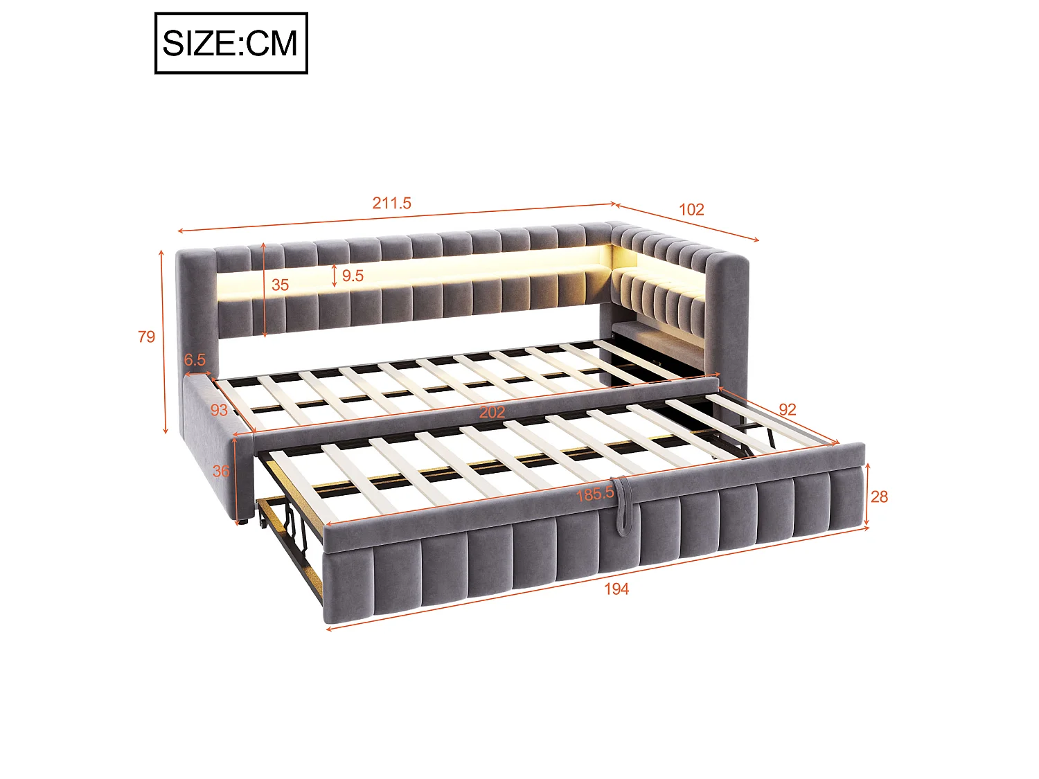 Upholstered pull-out bed 90 x 200 cm + 90 x 190 cm with compartments, LED and USB ports - Velvet + metal - Dark grey (Mattress not included)