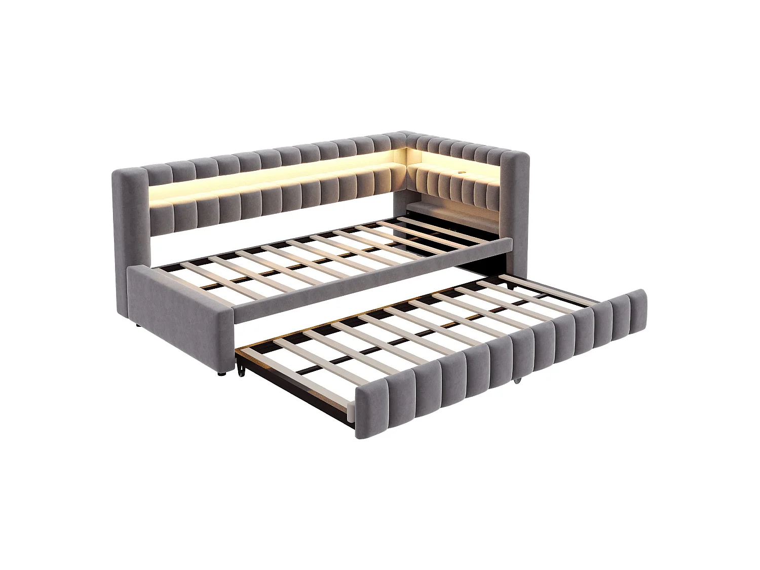 Upholstered pull-out bed 90 x 200 cm + 90 x 190 cm with compartments, LED and USB ports - Velvet + metal - Dark grey (Mattress not included)