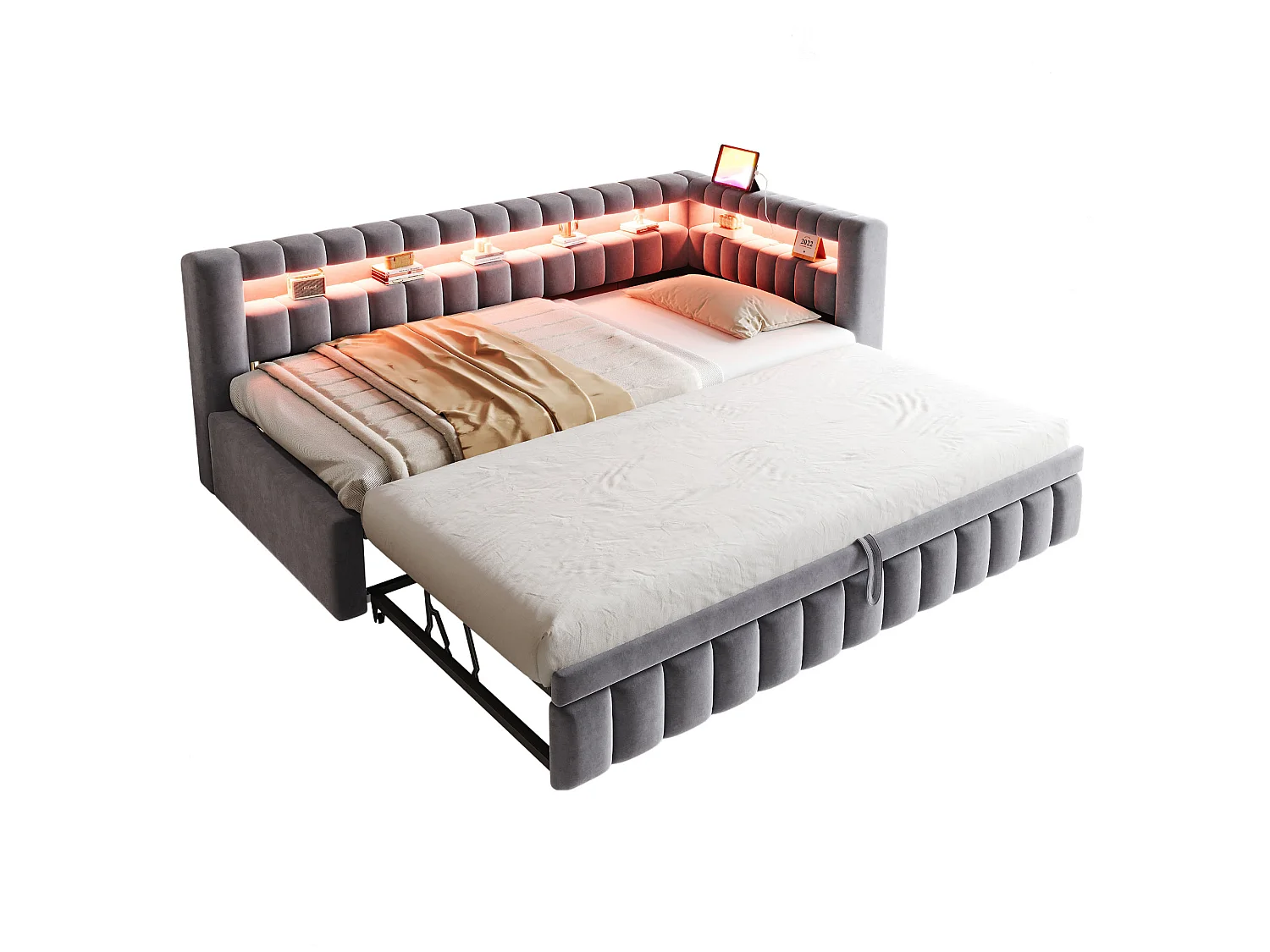 Upholstered pull-out bed 90 x 200 cm + 90 x 190 cm with compartments, LED and USB ports - Velvet + metal - Dark grey (Mattress not included)