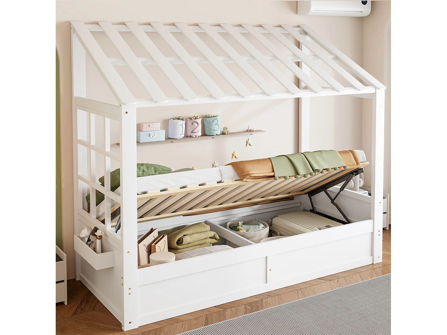 Kinderbed 90 x 200 cm met dak, ramen, hydraulisch opbergvak en zijvakken - Metaal + MDF - Wit (Matras niet inbegrepen)